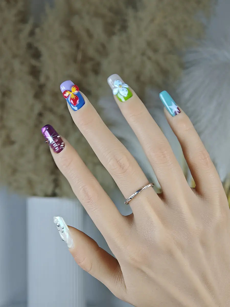 Color Block Star & 3D Floral Press-On Nails – Artistic Long Square