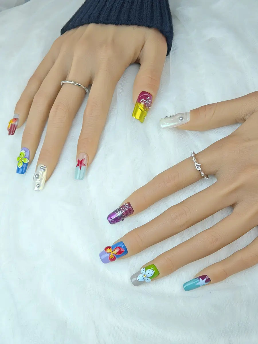 Color Block Star & 3D Floral Press-On Nails – Artistic Long Square