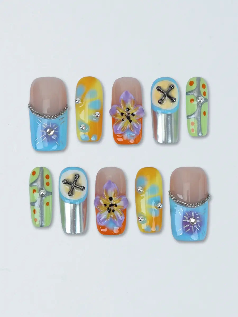 Color Block Metal & 3D Floral Press-On Nails – Sweet Cool Long Square