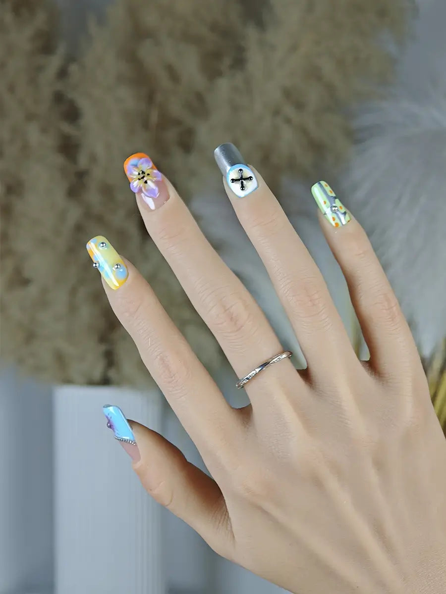 Color Block Metal & 3D Floral Press-On Nails – Sweet Cool Long Square