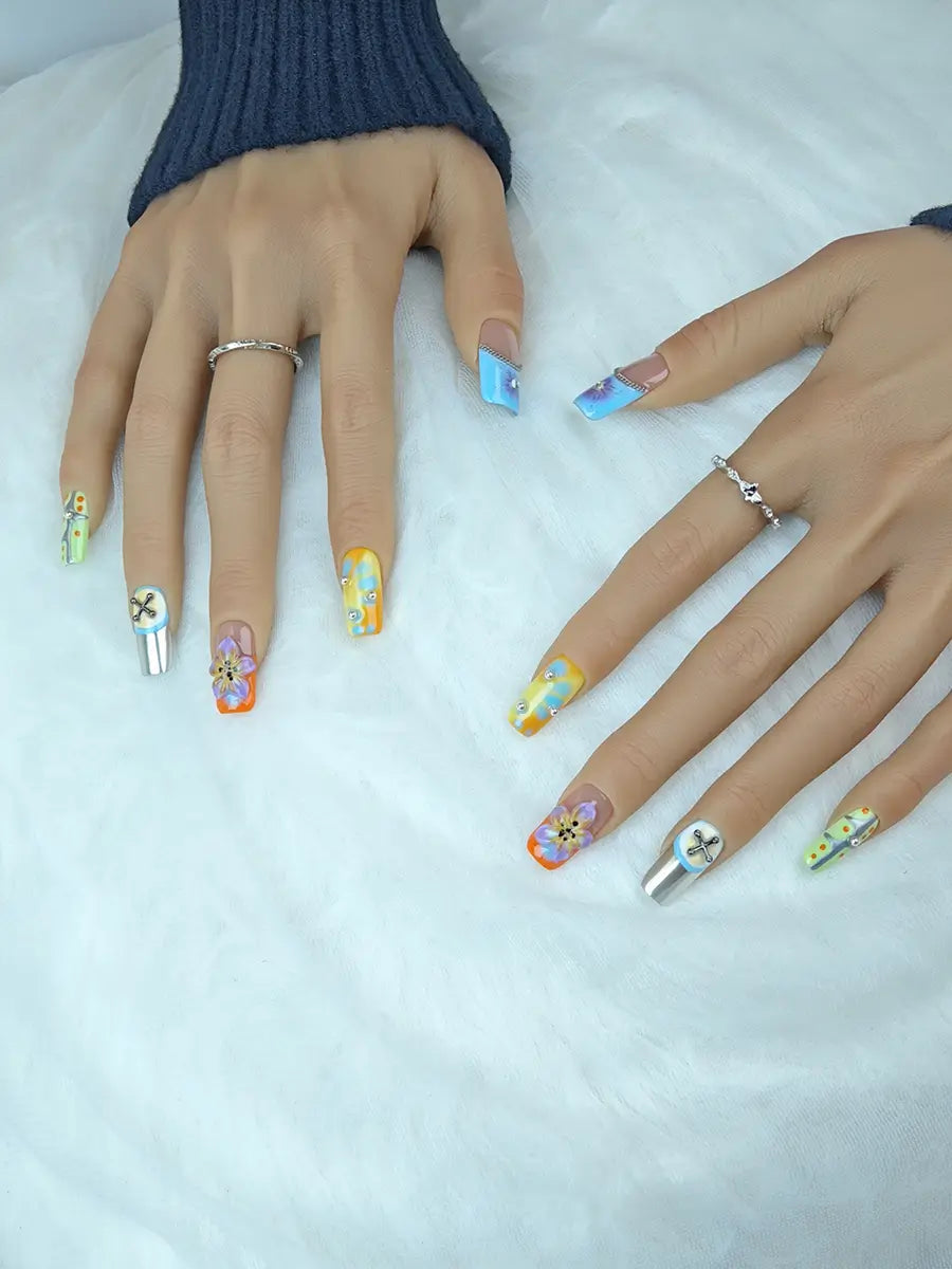 Color Block Metal & 3D Floral Press-On Nails – Sweet Cool Long Square