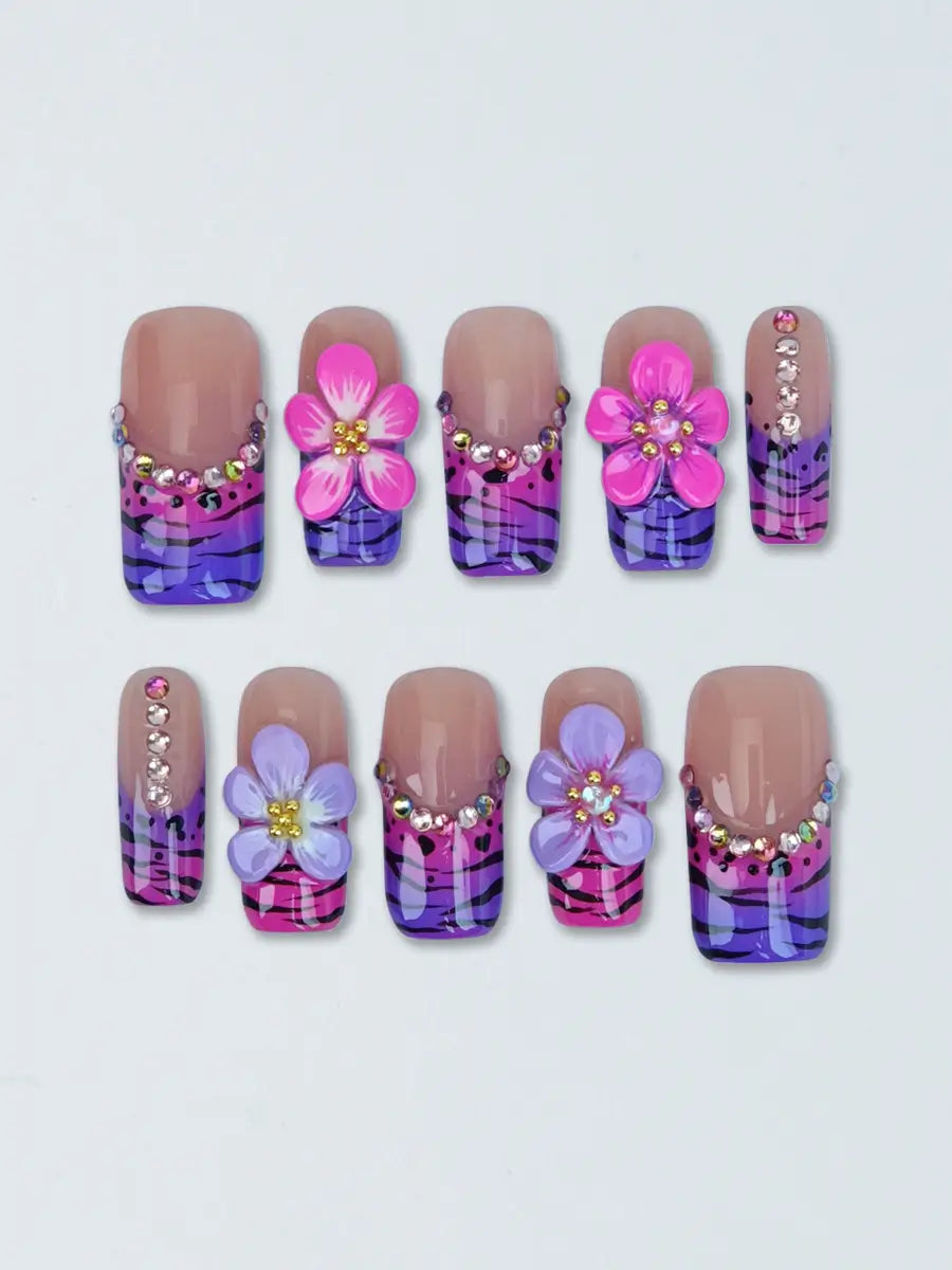 Pink & Purple Tiger Print Press-On Nails – 3D Floral Sweet Cool Long Square