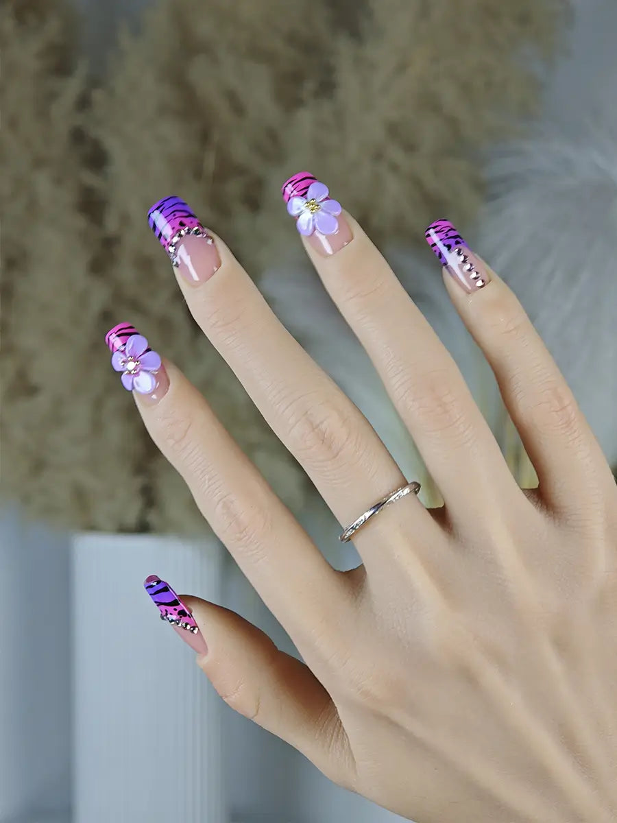 Pink & Purple Tiger Print Press-On Nails – 3D Floral Sweet Cool Long Square