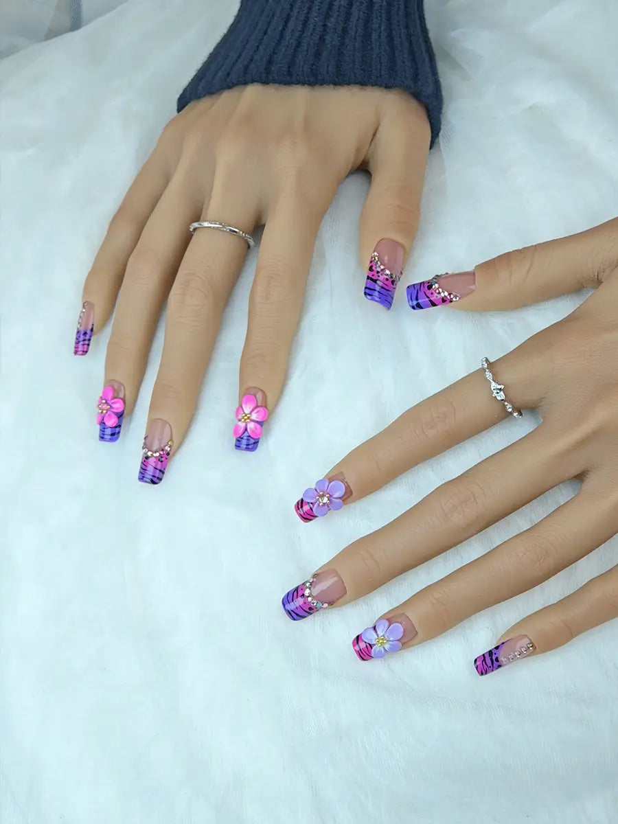 Pink & Purple Tiger Print Press-On Nails – 3D Floral Sweet Cool Long Square