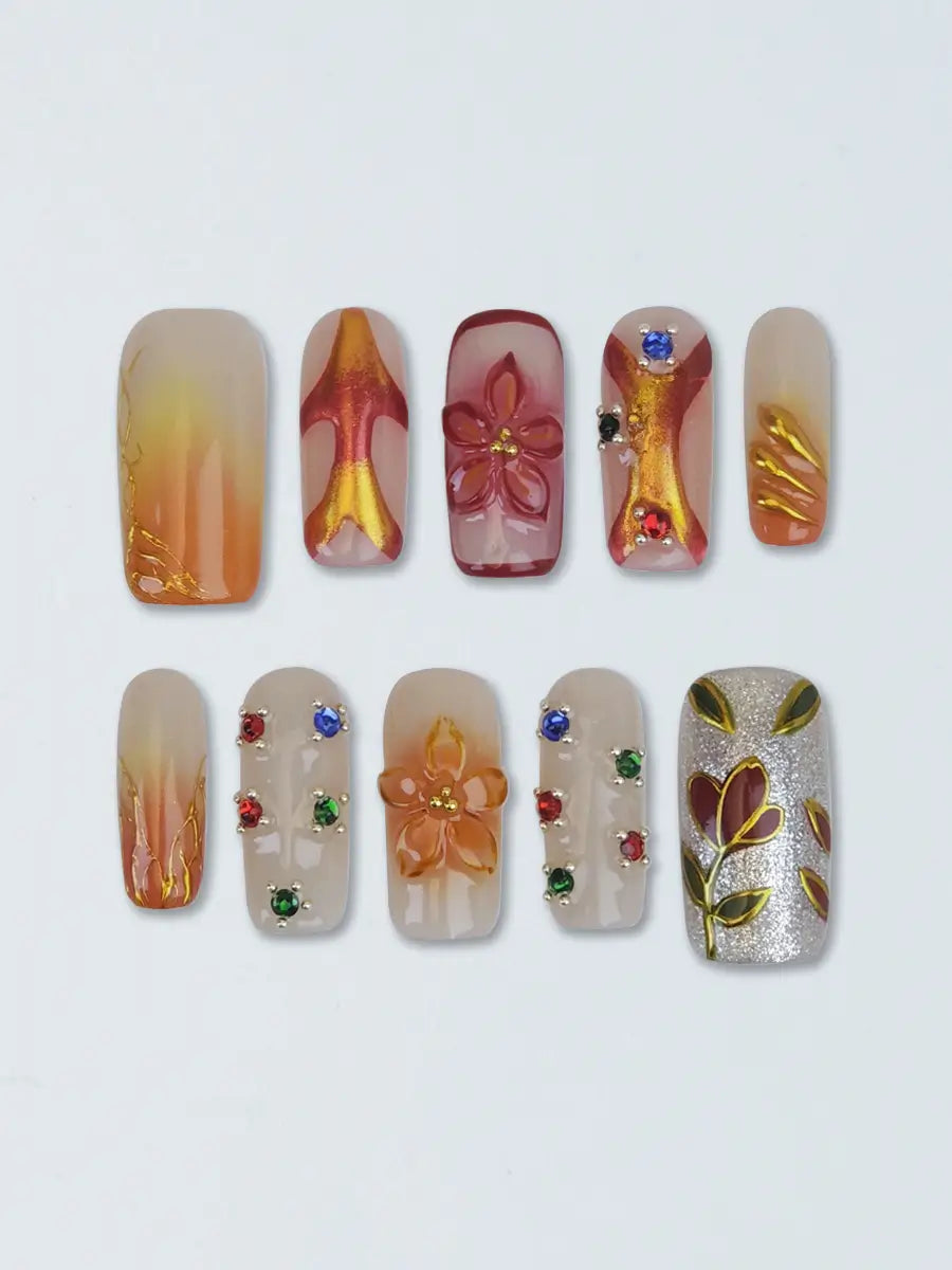 Autumn Orange Brown Press-On Nails – 3D Floral & Rhinestone Artistic Long Square