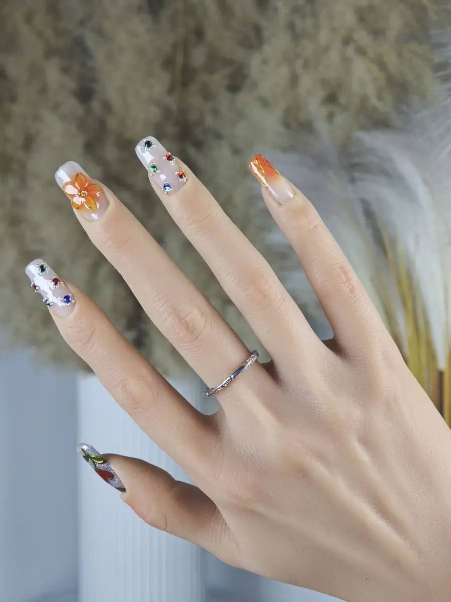 Autumn Orange Brown Press-On Nails – 3D Floral & Rhinestone Artistic Long Square