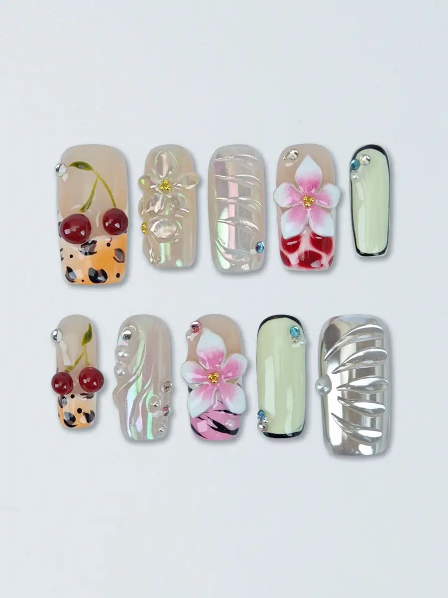Color Block Cherry 3D Floral Press-On Nails – Sweet Cool Long Square