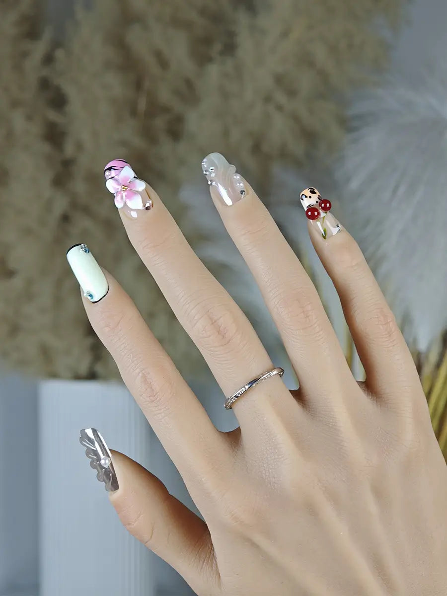 Color Block Cherry 3D Floral Press-On Nails – Sweet Cool Long Square