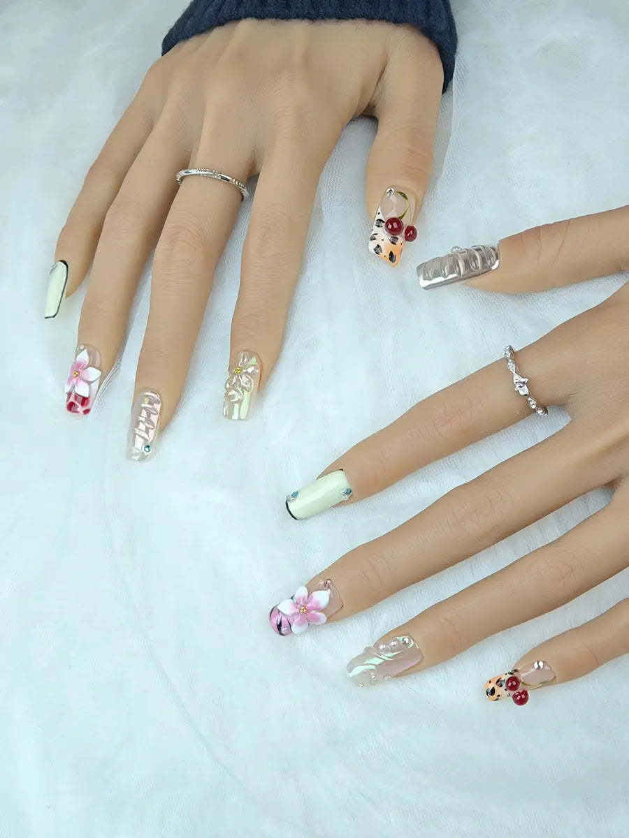 Color Block Cherry 3D Floral Press-On Nails – Sweet Cool Long Square