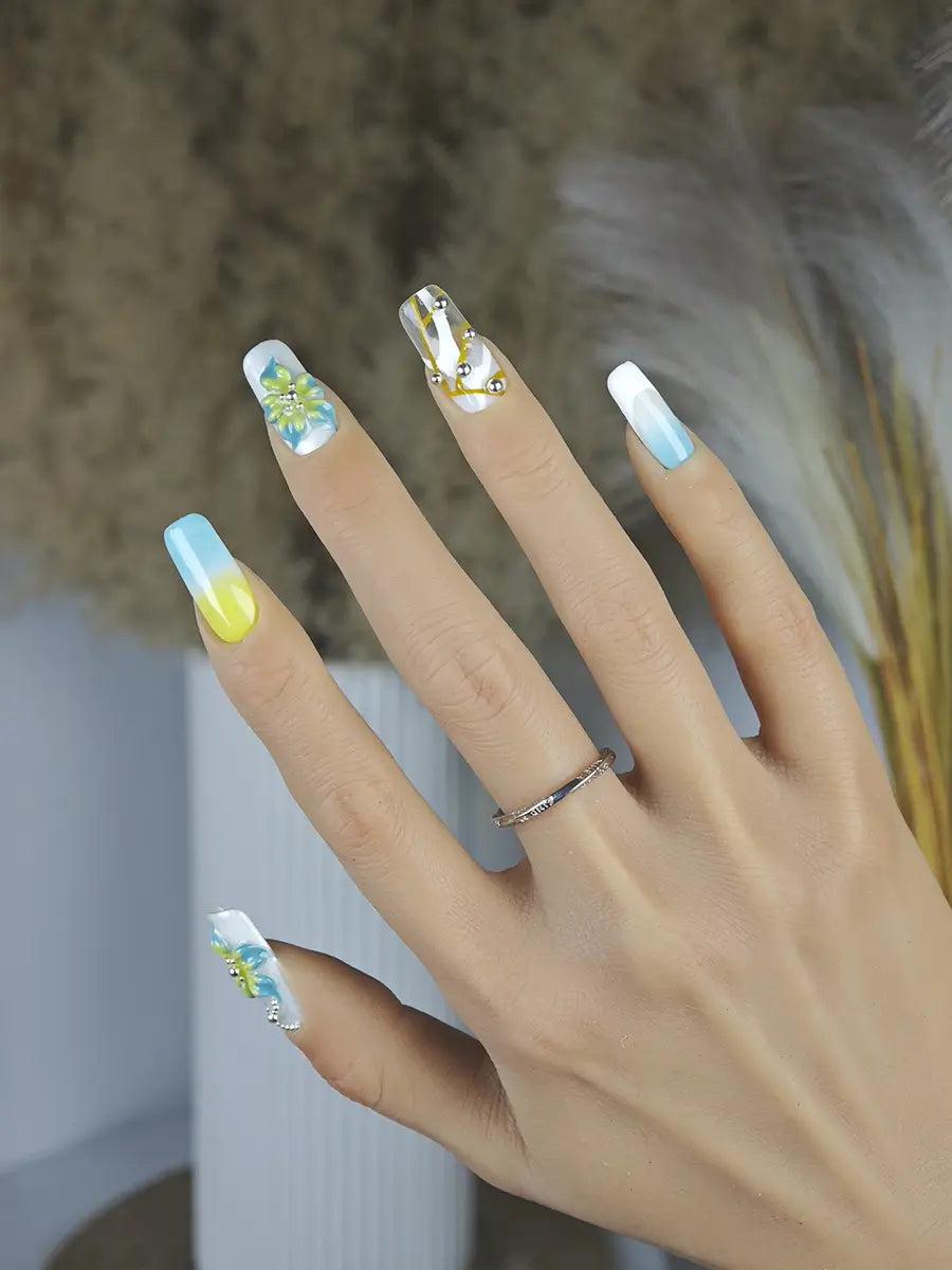 Spring Blue Yellow Green Press-On Nails – 3D Floral Luxury Long Square