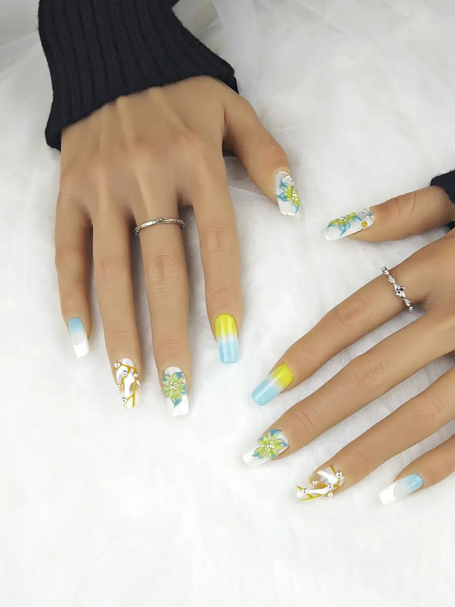 Spring Blue Yellow Green Press-On Nails – 3D Floral Luxury Long Square