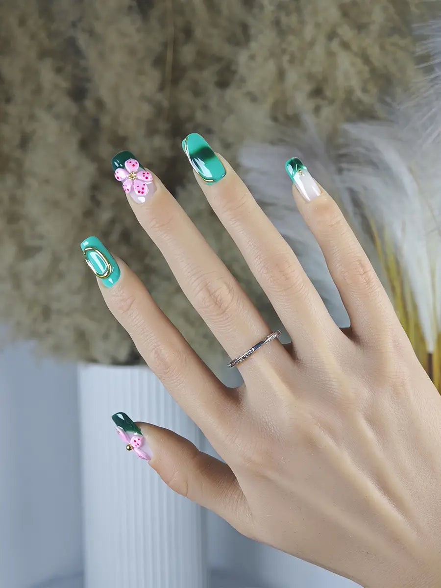 Green Pink Color Block Press-On Nails – 3D Floral & Metal Luxury Long Square