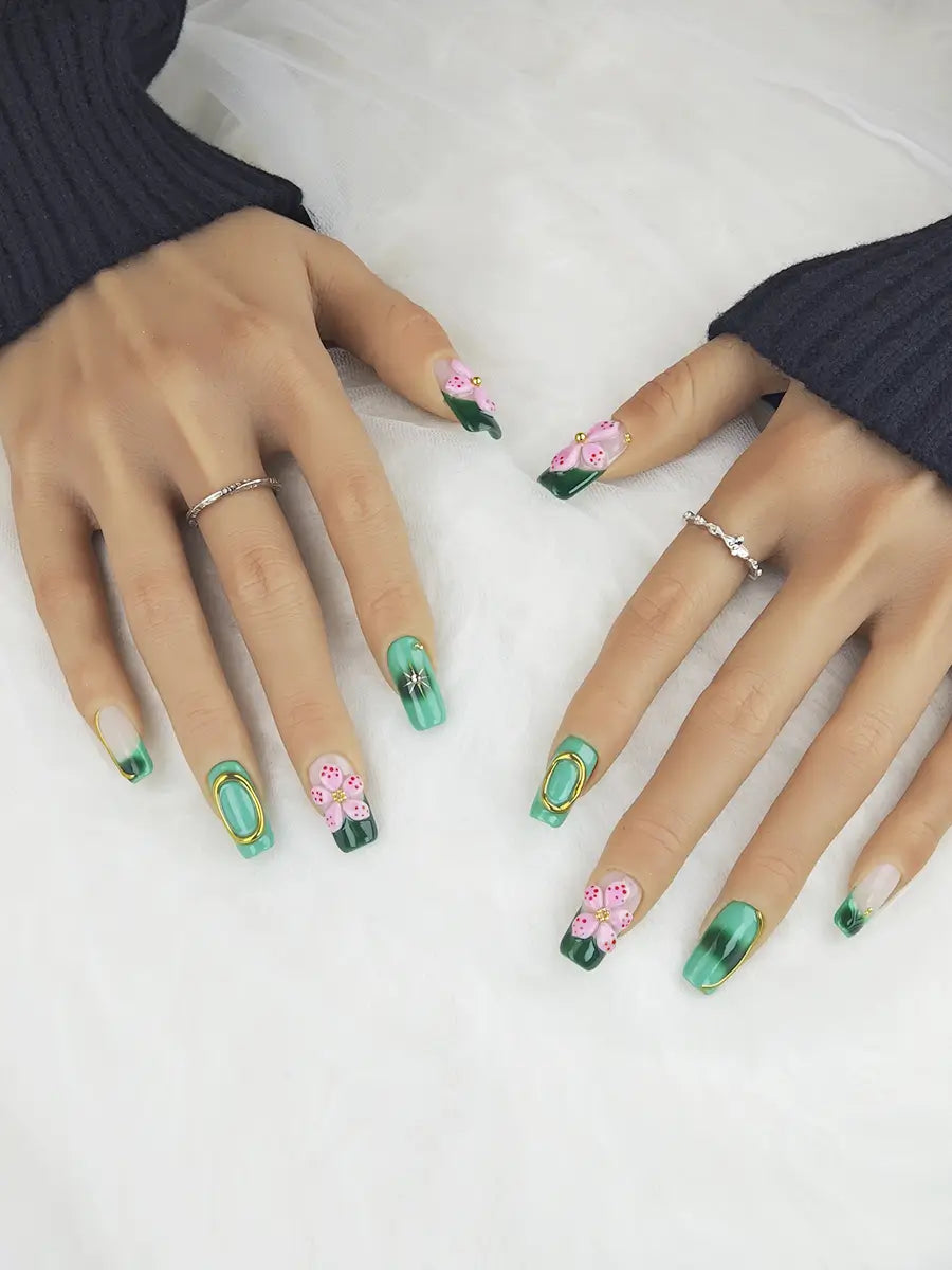 Green Pink Color Block Press-On Nails – 3D Floral & Metal Luxury Long Square