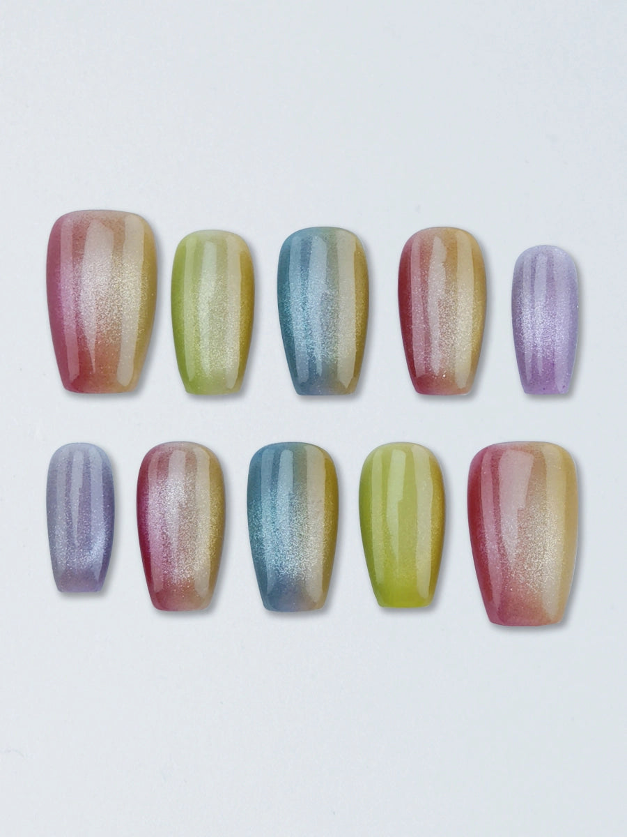 Colorful Cat Eye Nails Medium Press Ons with Gradient Effect