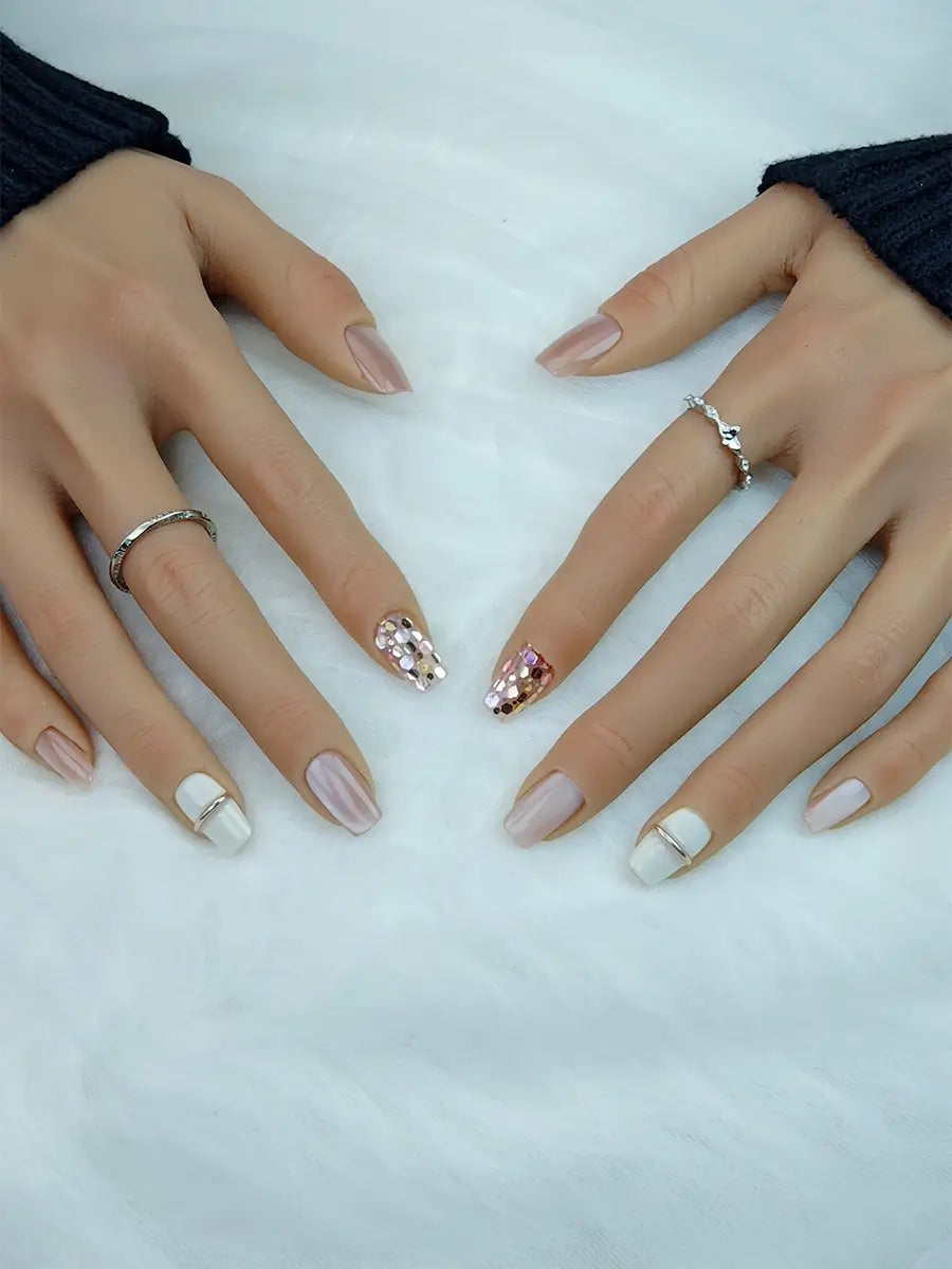 Glazed Nude & Ivory Press On Nails – Hex Glitter & Gold Ring Accen