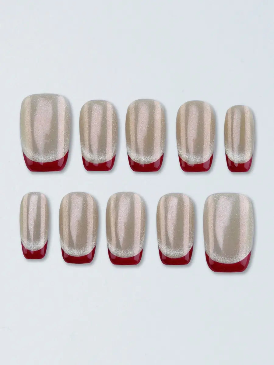 Cat Eye Red French Press On Nails  Romantic Style