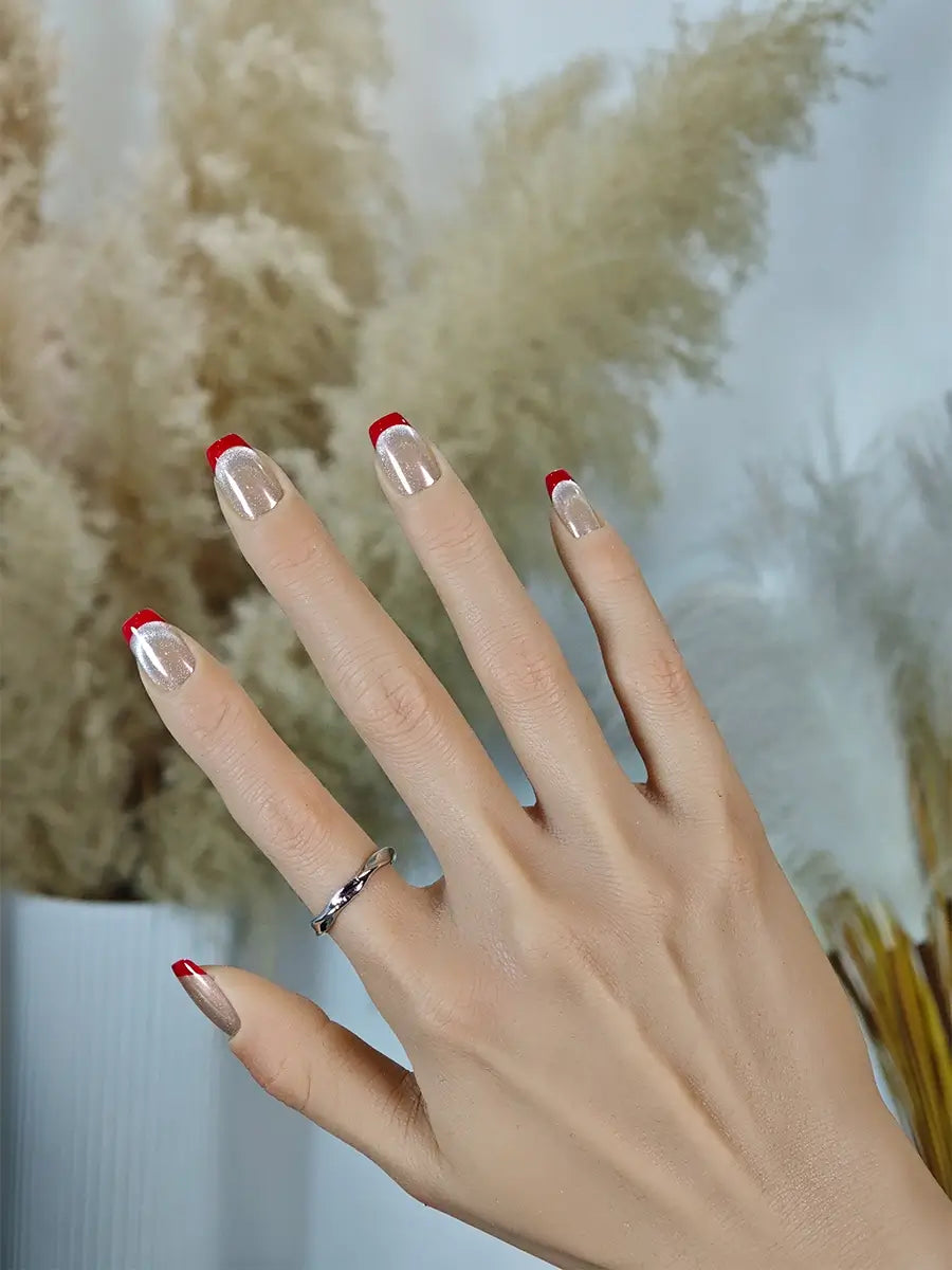 Cat Eye Red French Press On Nails  Romantic Style