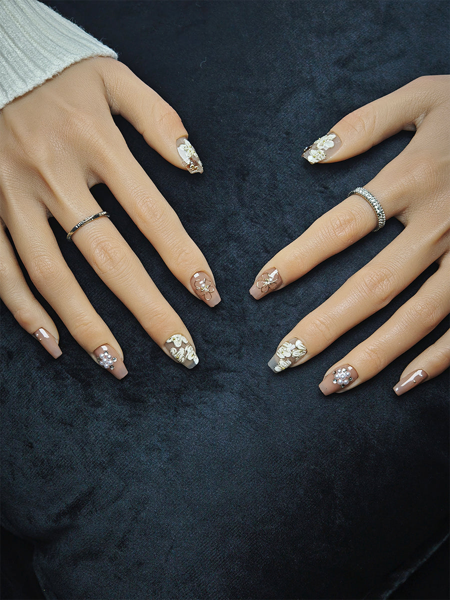 Beige Floral Fake Nails Tapered Press Ons with Pearl Accents