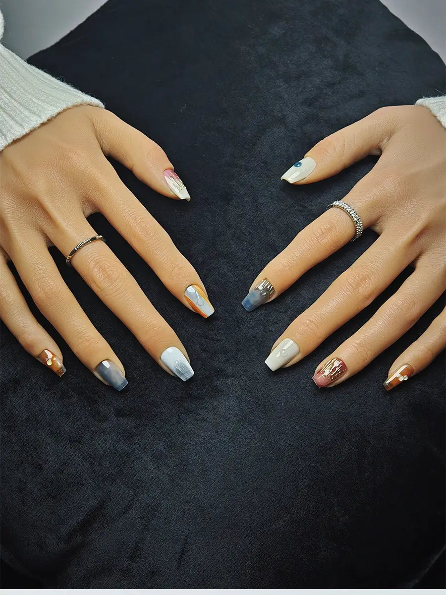 Beige Floral Fake Nails Tapered Press Ons with Pearl Accents