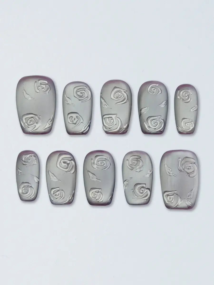 3D Rose Silver Lilac Nails   Medium Coffin Romantic Press Ons