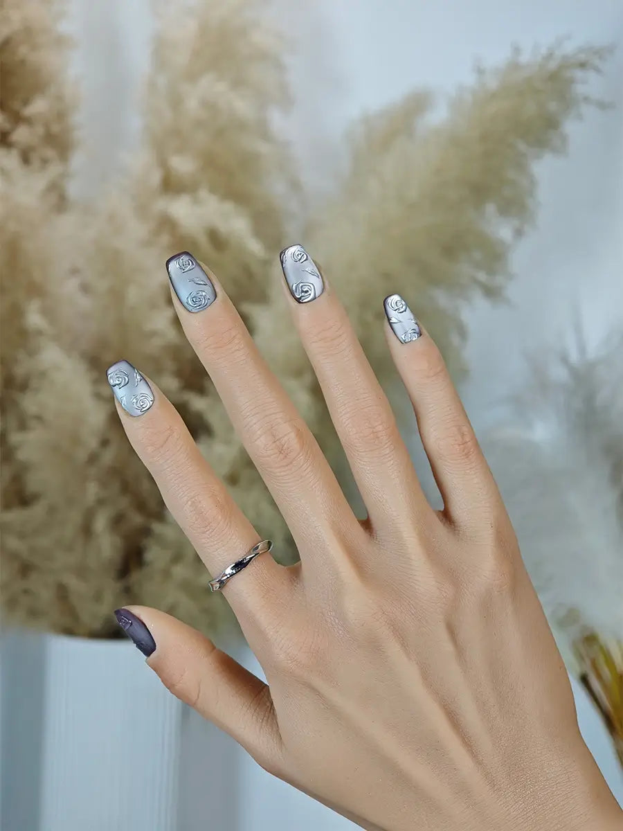 3D Rose Silver Lilac Nails   Medium Coffin Romantic Press Ons