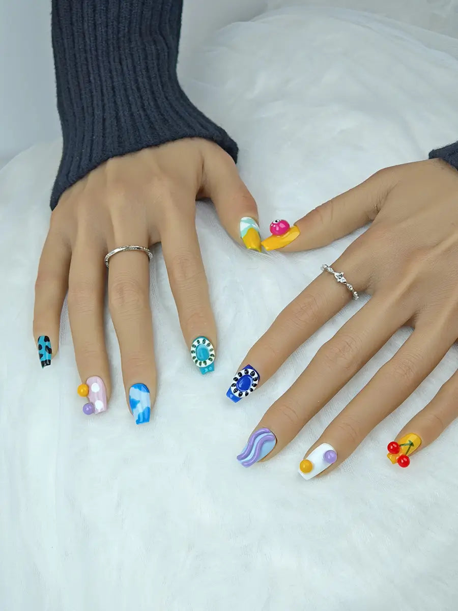 Macaron Color Block Press-On Nails – 3D Decorative Art Style