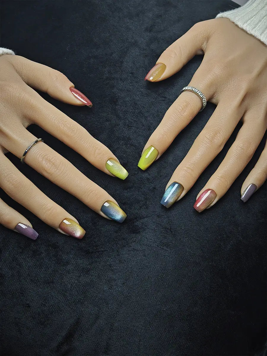 Rainbow Gradient Glitter Press-On Nails – Artistic Trapezoid Style