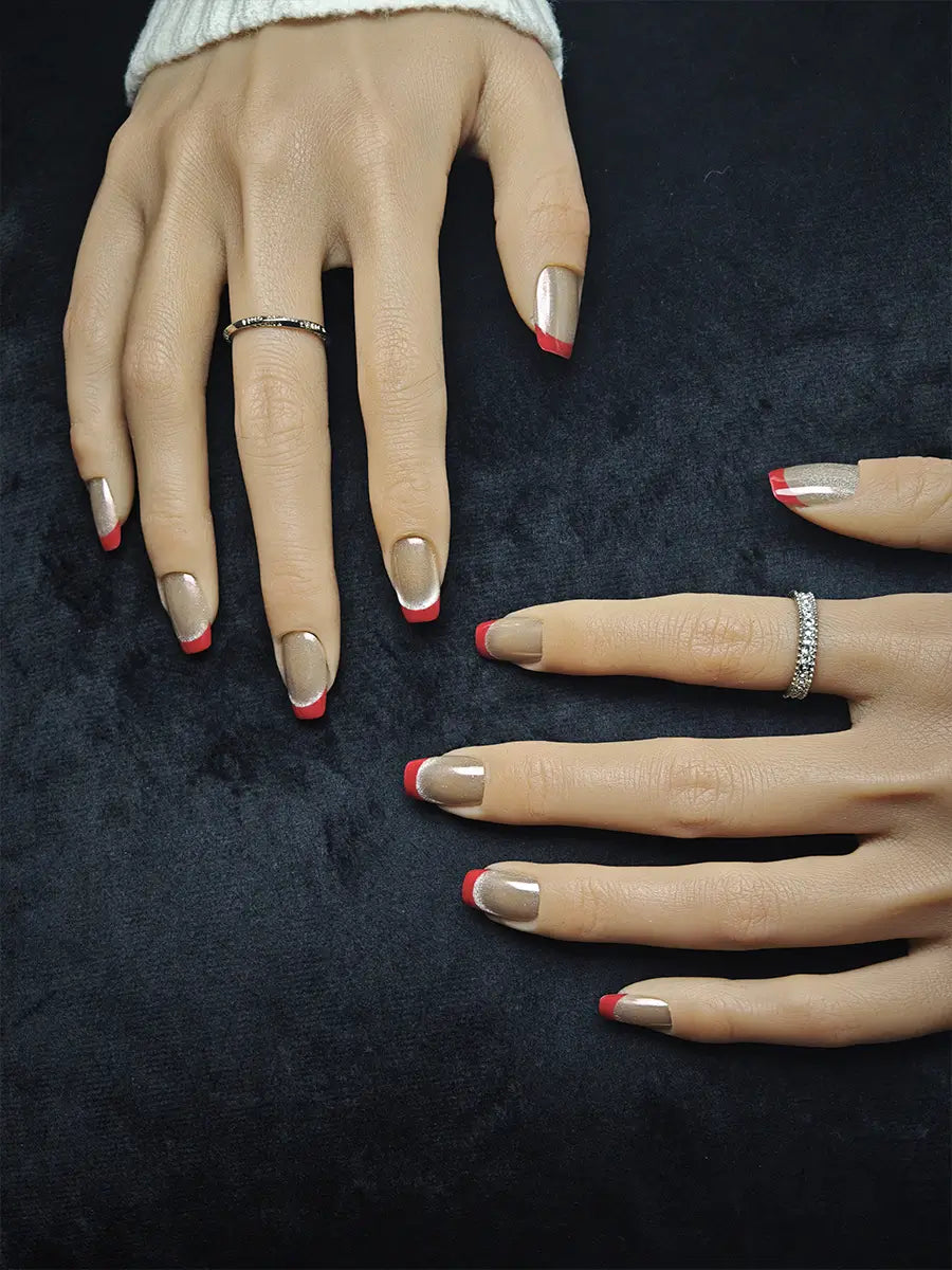 Gold & Red Glitter French Press-On Nails – Luxe Trapezoid Style