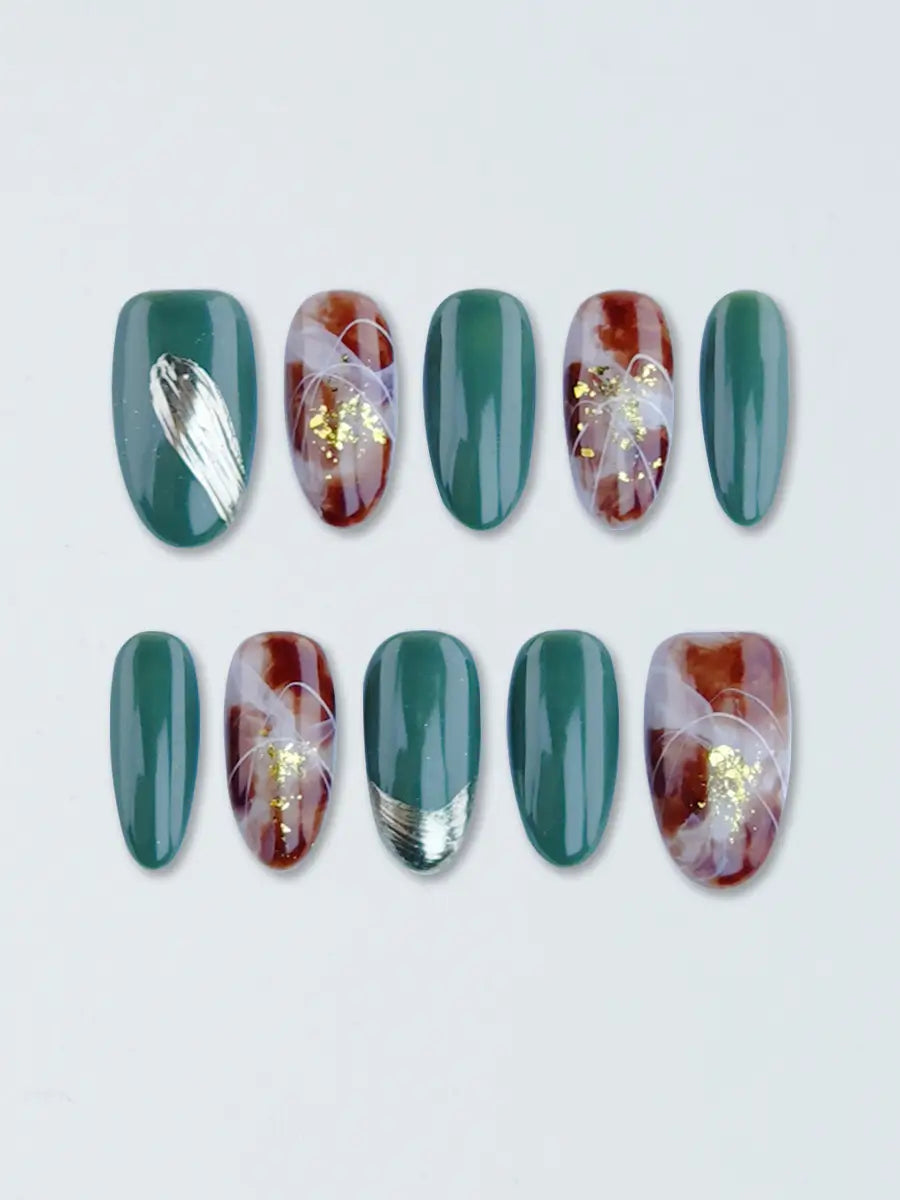 Emerald & Brown Ombre Press-On Nails with Gold Foil – Medium Round