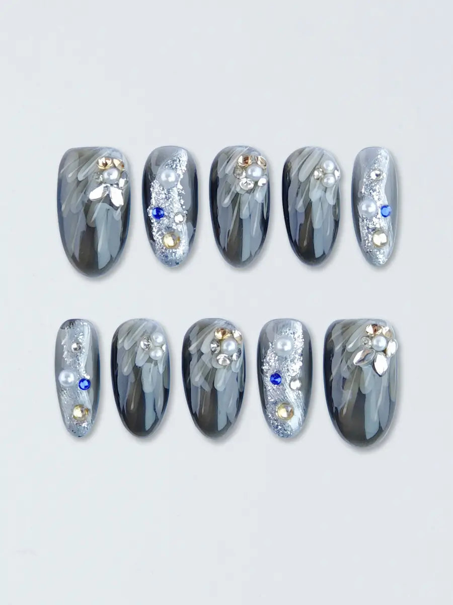 Gray Ombre Press-On Nails with Pearls & Multi-Color Rhinestones – Medium Round