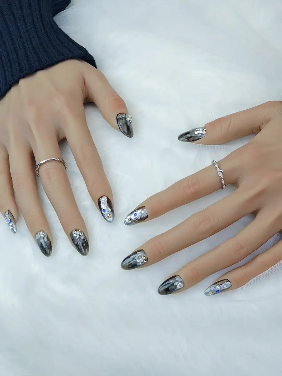 Gray Ombre Press-On Nails with Pearls & Multi-Color Rhinestones – Medium Round