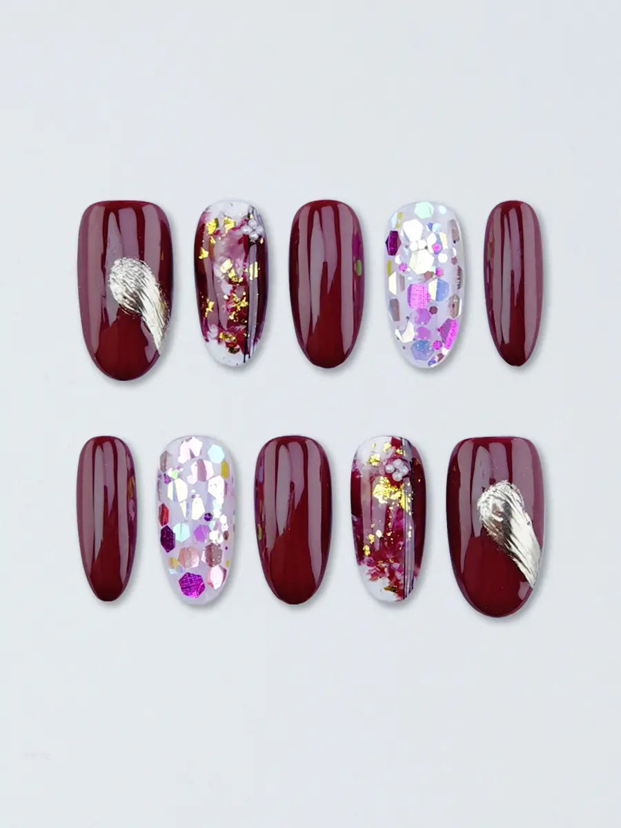 Red Metallic Foil Glitter Press-On Nails with Rhinestones – Medium Round