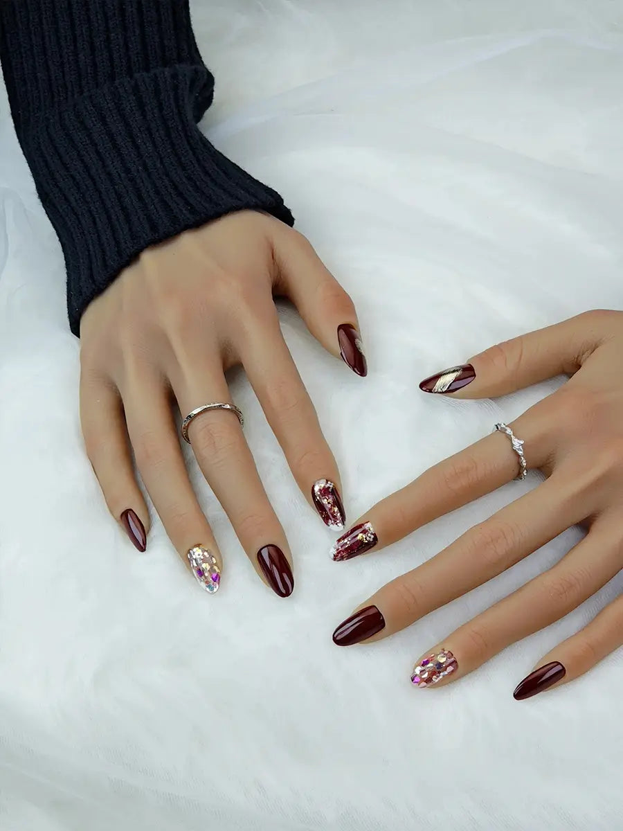 Red Metallic Foil Glitter Press-On Nails with Rhinestones – Medium Round