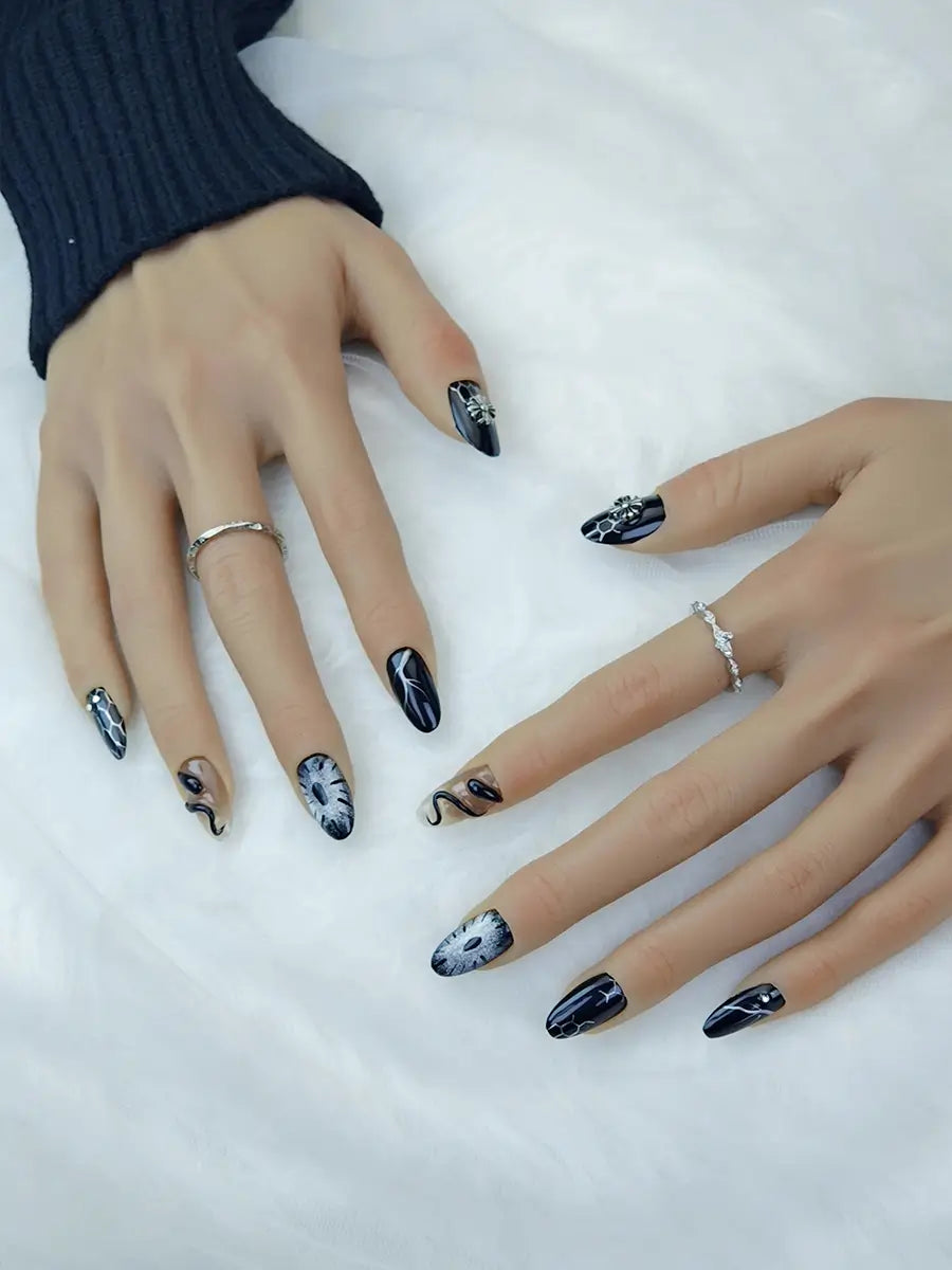 Black Snake Print Metal Cross Press-On Nails – Dark Aesthetic Medium Round