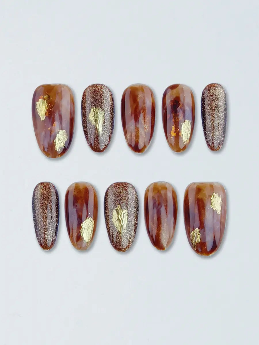 Amber Gold Foil Glitter Press-On Nails – Luxury Vintage Medium Round