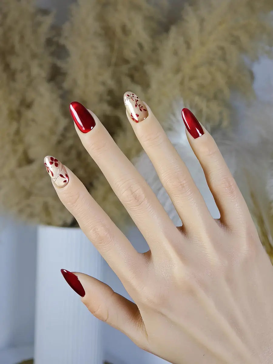 Burgundy Nude Floral Press-On Nails – Hand-Painted Luxury Medium Round