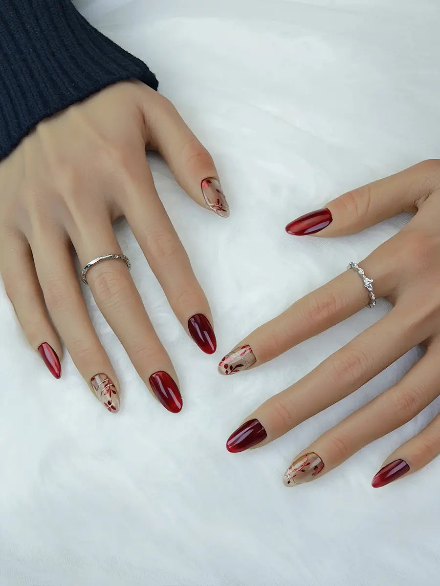 Burgundy Nude Floral Press-On Nails – Hand-Painted Luxury Medium Round