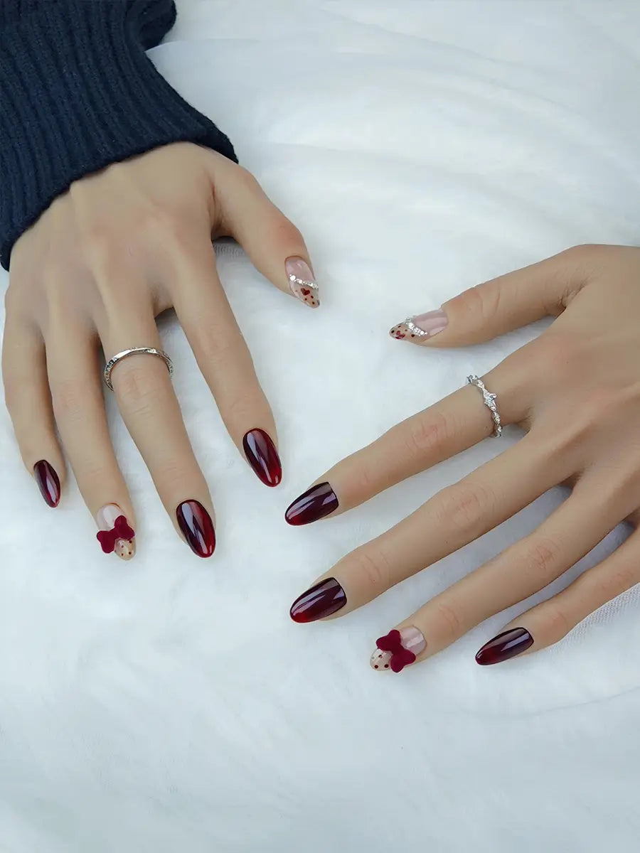 Wine Red Velvet Bow Heart Press-On Nails – Sweet Girl Medium Round