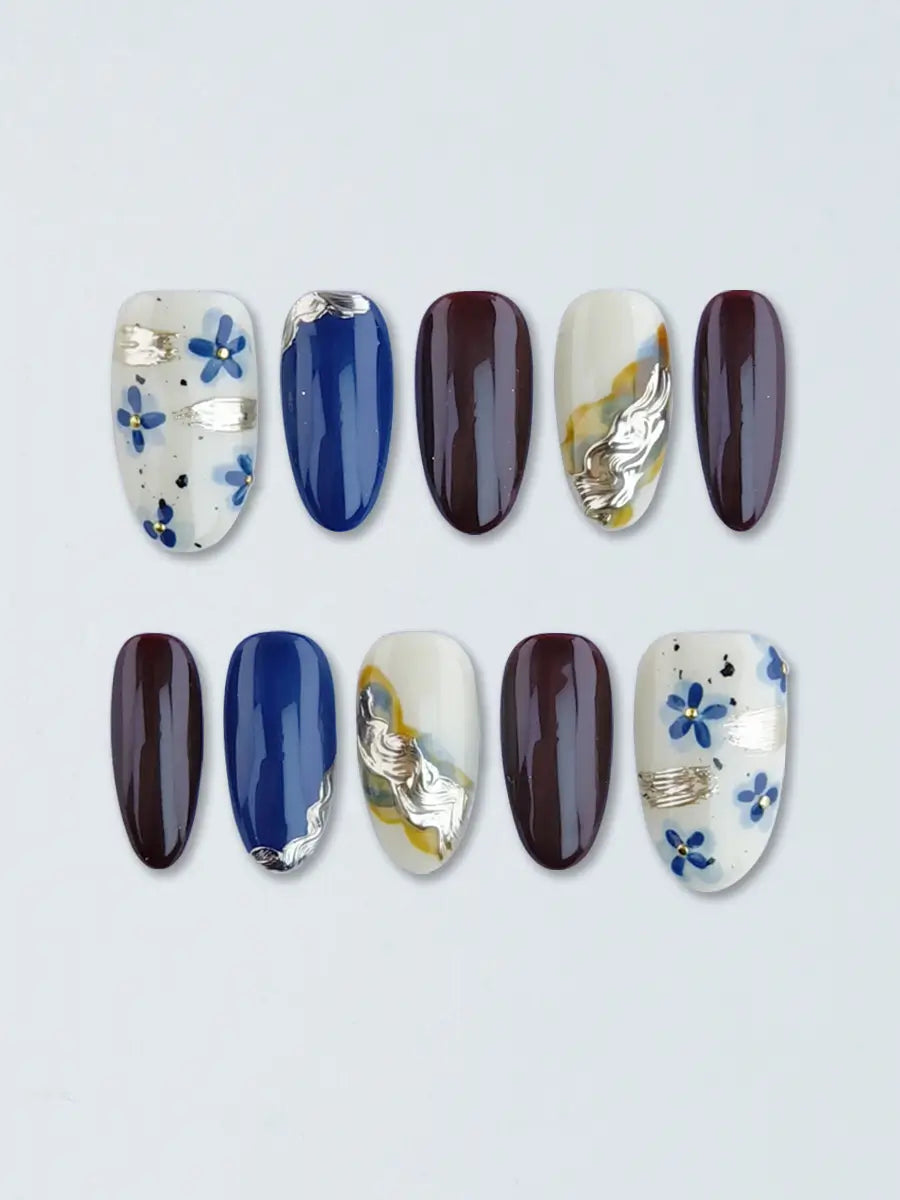 Blue White Hand-Painted Flower Press-On Nails – Artistic Medium Round