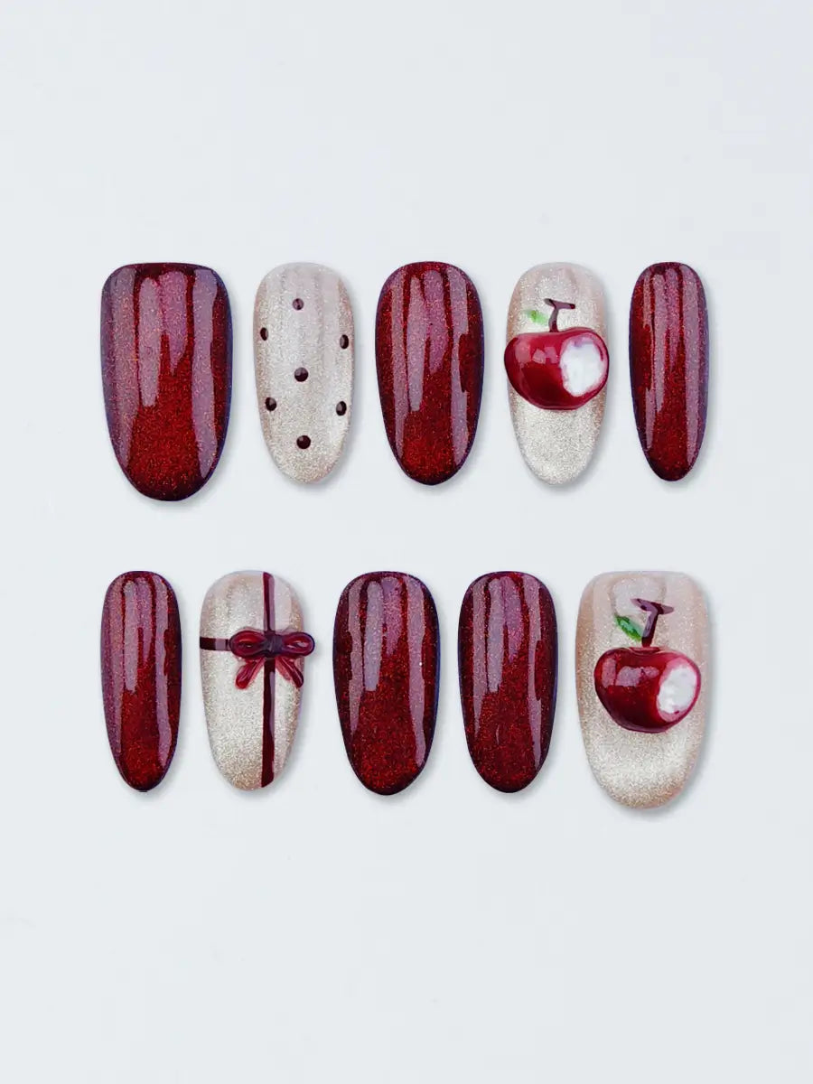 Red Glitter 3D Apple Press-On Nails – Medium Round Shape