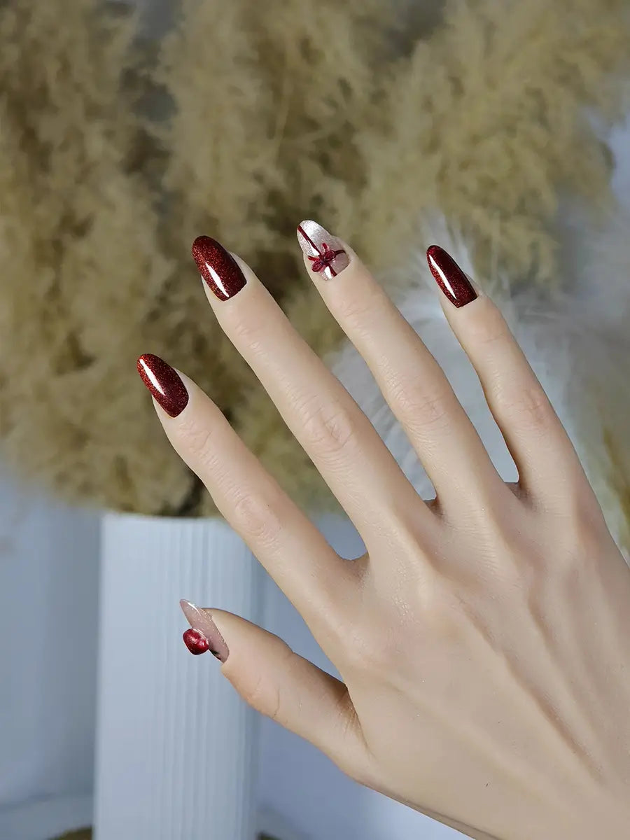 Red Glitter 3D Apple Press-On Nails – Medium Round Shape