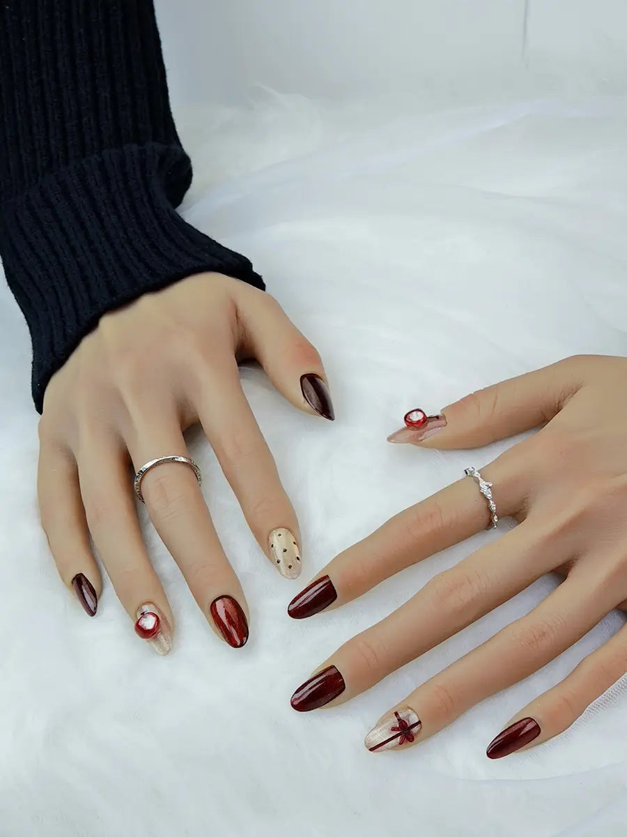 Red Glitter 3D Apple Press-On Nails – Medium Round Shape