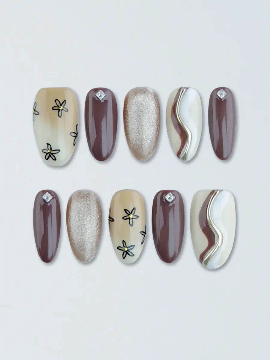 Warm Brown Hand-Painted Floral Press-On Nails – Medium Round