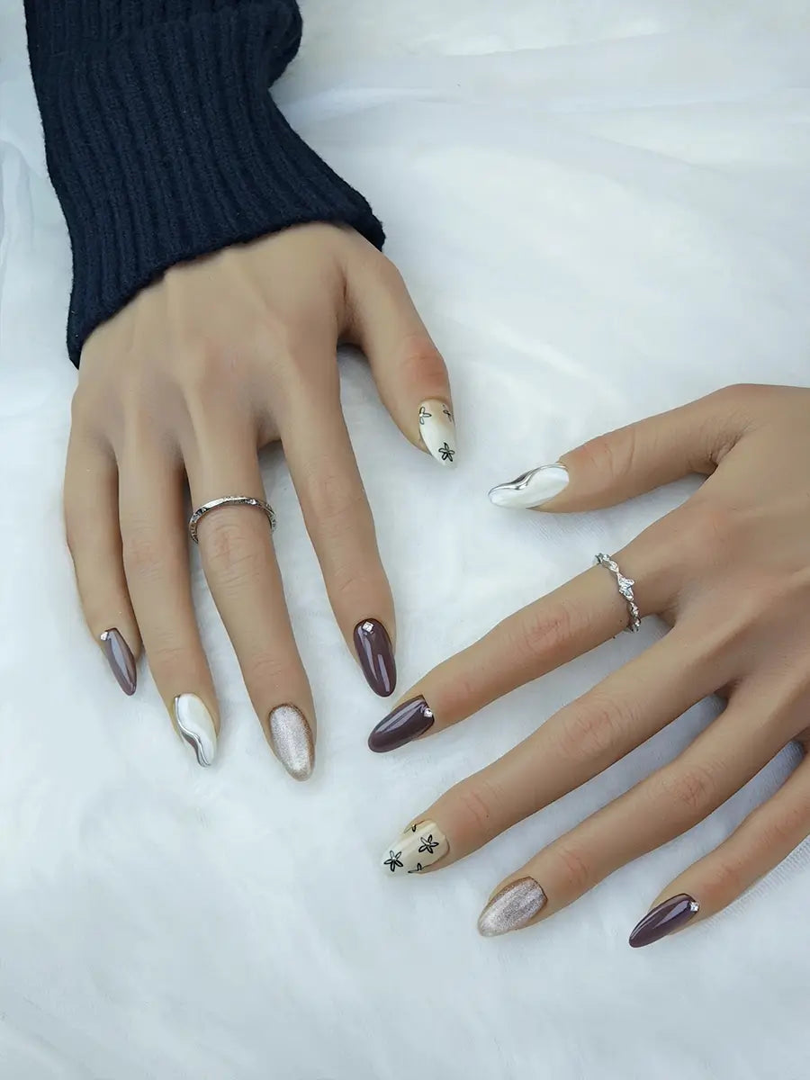 Warm Brown Hand-Painted Floral Press-On Nails – Medium Round