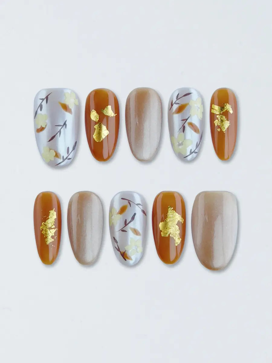 Orange Hand-Painted Floral Press-On Nails with Gold Foil – Medium Round