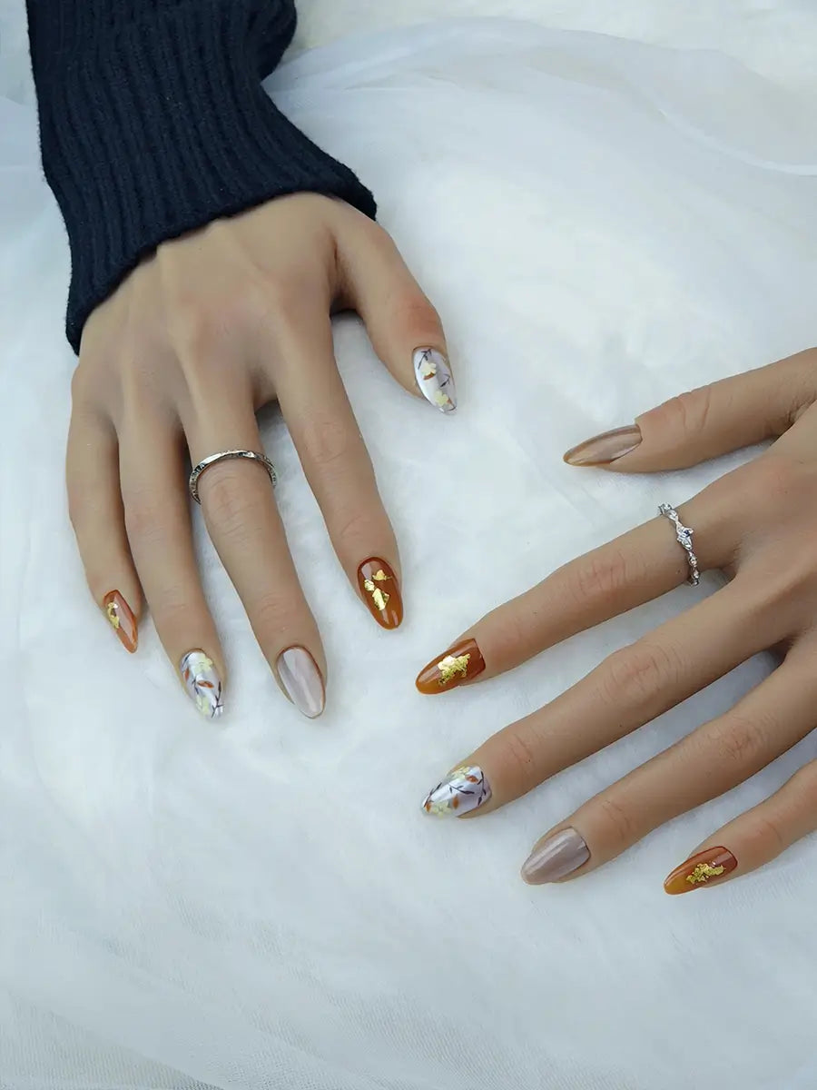 Orange Hand-Painted Floral Press-On Nails with Gold Foil – Medium Round