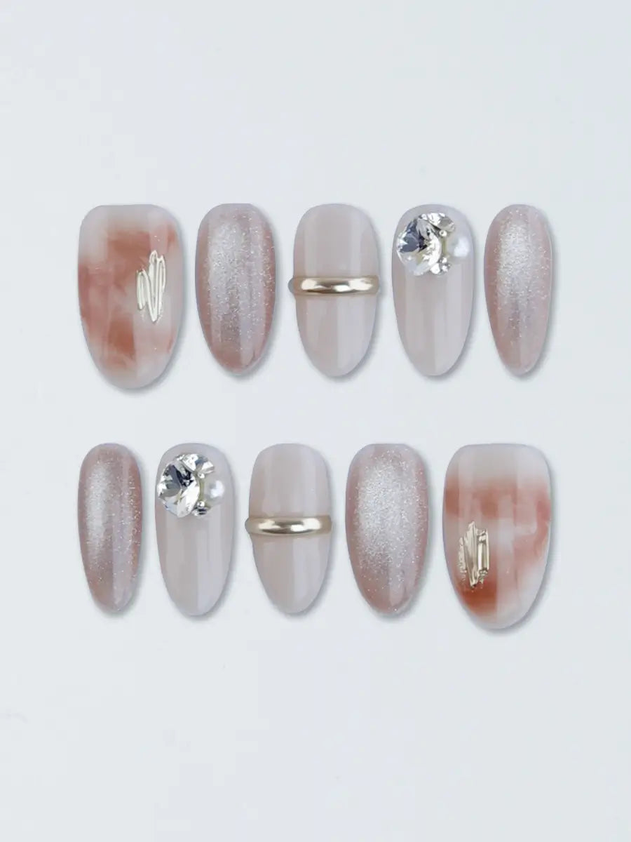 Blush Pink Ombre Press-On Nails with Metal & Rhinestone Accents – Medium Round