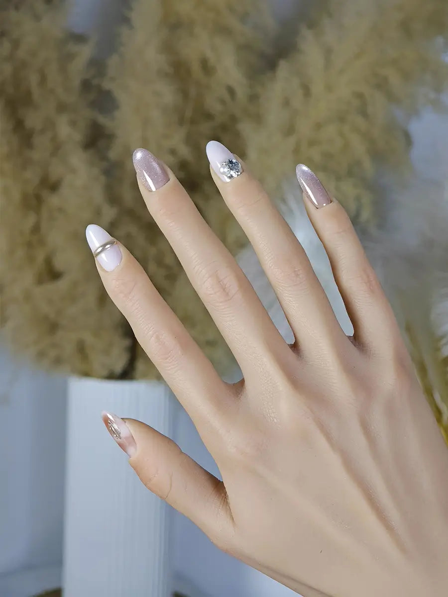 Blush Pink Ombre Press-On Nails with Metal & Rhinestone Accents – Medium Round