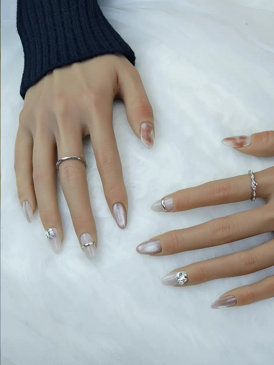 Blush Pink Ombre Press-On Nails with Metal & Rhinestone Accents – Medium Round