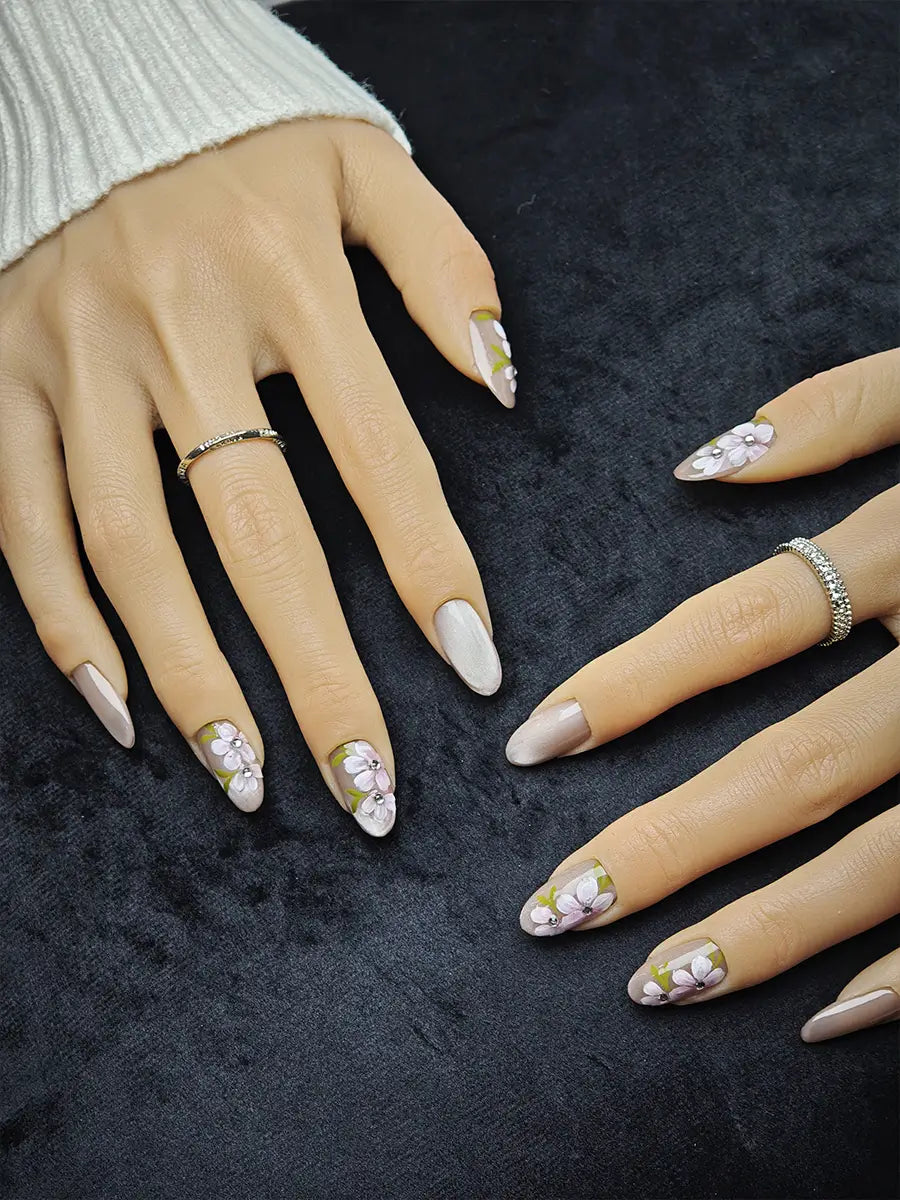 Nude Pink Hand-Painted Floral Press-On Nails with Rhinestones – Medium Round